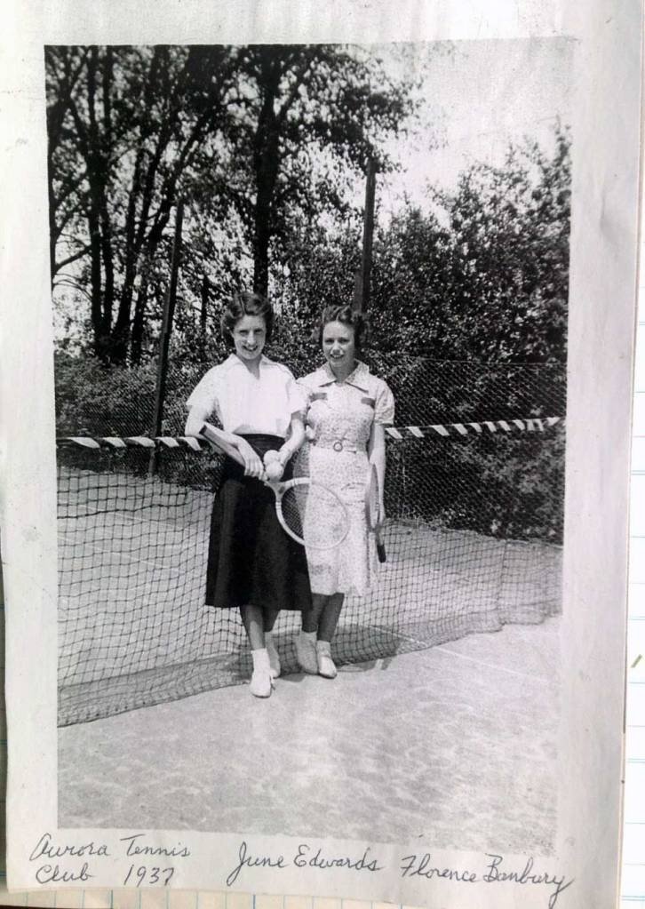 Photograph of Florence Murray and June Edwards at the Aurora Tennis Club in 1937.